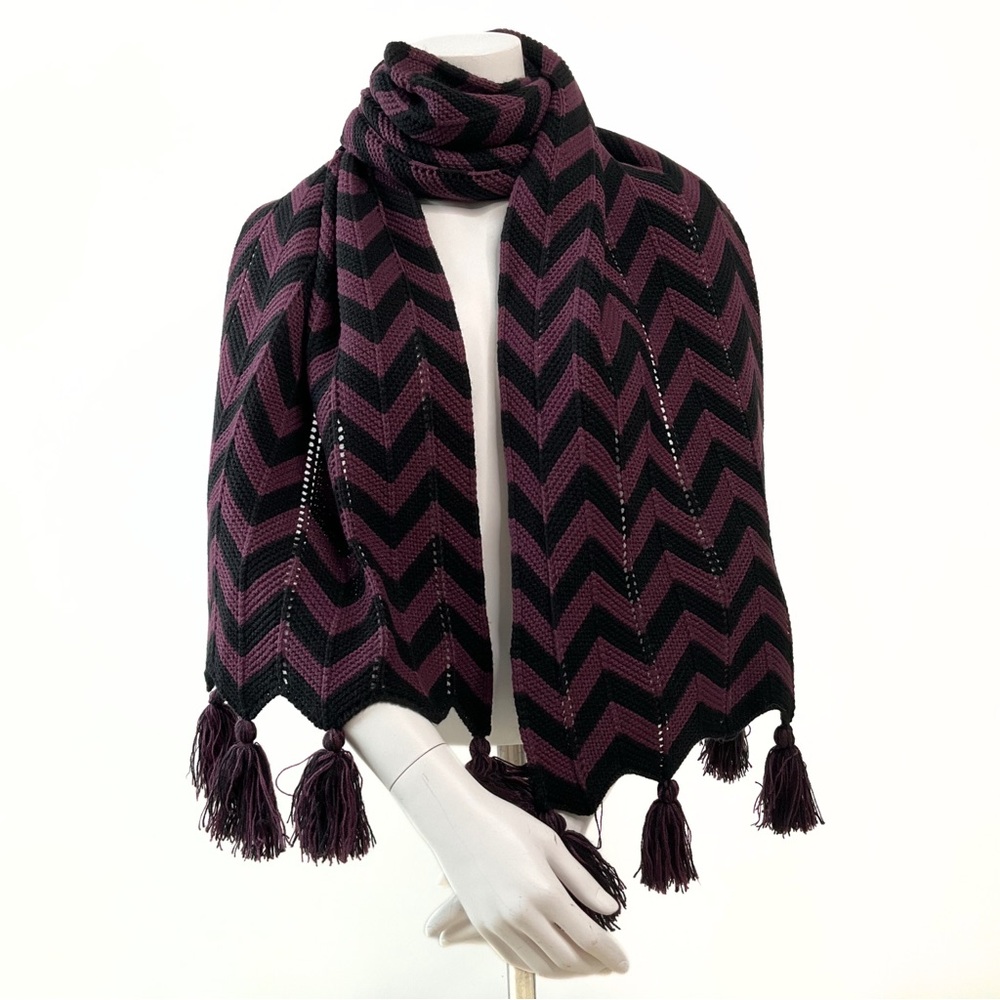 Chevron Stripe Pom Pom 2PC Set Shawl Scarf Hat Womens Cottagecore Whimsigoth